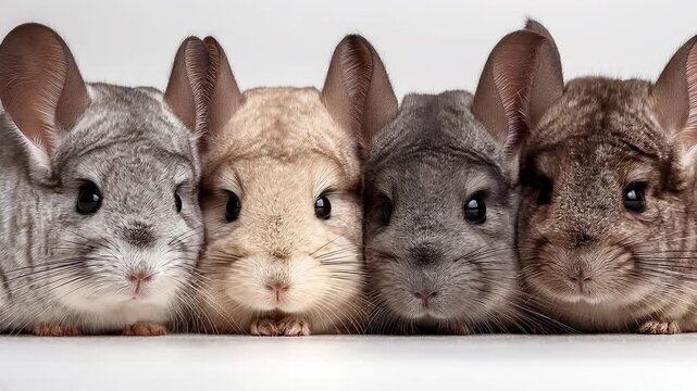 Adorable group of four chinchillas of various fur colors sitting together in a row and looking curiously at the camera, filmed in a professional studio isolated on a clean white background