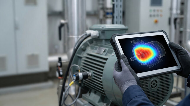 Thermal imaging analysis of industrial electric motor using tablet device in factory environment for maintenance and safety inspection
