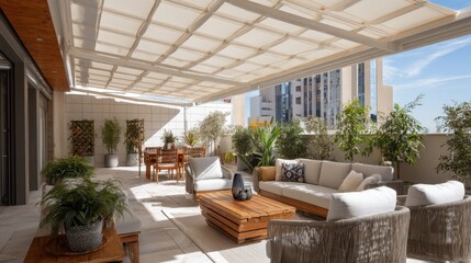 Obraz premium This bright terrace features comfortable seating and a dining area, surrounded by greenery and high-rise buildings. The roof offers shade, creating a welcoming outdoor space.