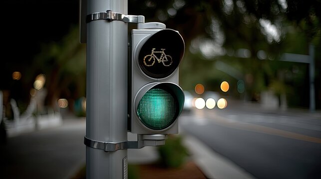 A green traffic light shows people when to cross a street filled with cyclists and pedestrians during the evening in the city