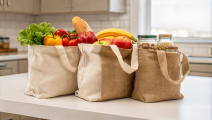Reusable grocery bags filled with fresh food on a kitchen table, eco-friendly and healthy lifestyle concept. Perfect for sustainable living, zero waste campaigns, grocery delivery, and food marketing.