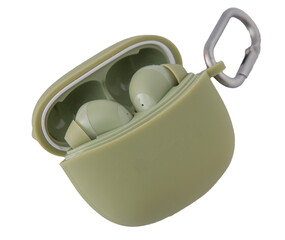 Wireless headphones isolated on white background. Wireless, headphone in charging box. Earbuds in Protective Case