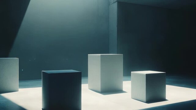 Four cuboid pedestals standing on a brightly lit geometric stage, with one object distinct from the others, creating a concept of choice, individuality, and comparison in a dark, atmospheric room