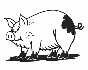Black and white vector pig in line art style, isolated on a white background. Perfect for logos, coloring pages, educational materials, stickers, and minimalist designs.