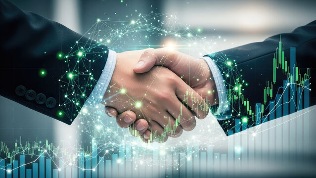 Businessmen shaking hands with digital network and financial charts overlay.