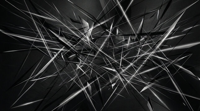A close-up view of sharp, metallic shards exploding outward in a chaotic, abstract pattern against a dark background, capturing a dynamic, high-energy scene.