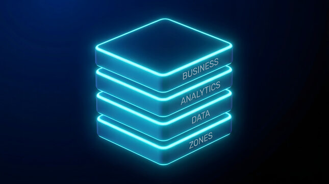 Gleaming blue digital layers forming a conceptual stack for business data analytics and processing in a dark futuristic technological space