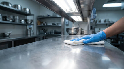 Fototapeta premium Person wearing blue gloves cleaning stainless steel countertop with white cloth in professional kitchen environment