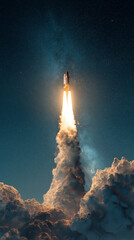 A futuristic spaceship launches into the night sky with blazing rocket engines illuminating stars and clouds in dramatic cinematic style