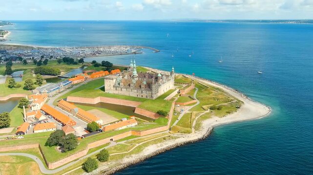 Helsingor, Denmark. A 16th-century castle with a banquet hall and royal chambers. The prototype of Elsinore Castle in the play Hamlet. Drone footage, Point of interest