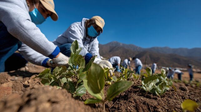 The image shows workers planting young plants in a field, emphasizing teamwork and agricultural practices in a mountainous landscape.
