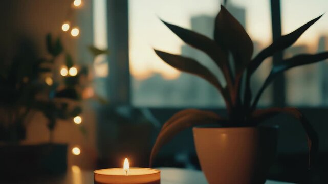 Candle flame illuminates a dark room, reflecting light on a wooden table, creating feelings of peace, warmth, and hygge with a blurred plant and sunset background