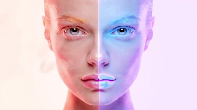 cinematic 4K video, centered portrait model looking directly face split vertically two pastel worlds. warm human emotion peach blush pastel tones natural skin texture and calm artificial world cool