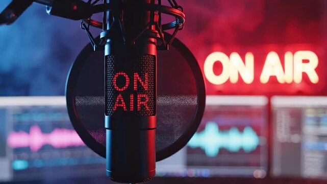 Professional studio condenser microphone with a pop filter ready for broadcasting a live radio show, podcast, or streaming session, with a neon sign and audio editing software in the background