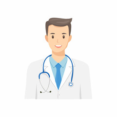 Fototapeta premium Young man physician wearing lab coat and stethoscope in medical healthcare setting. Doctor smiling and looking at camera for telemedicine