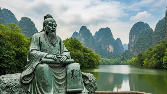 Laozi Taoist sculpture in serene natural landscape