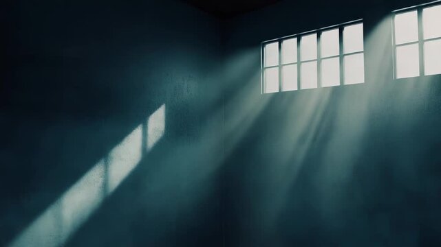 Light rays coming through a high rectangle window illuminate the textured concrete wall and floor of an empty, dark, atmospheric room, creating abstract patterns of light and shadow