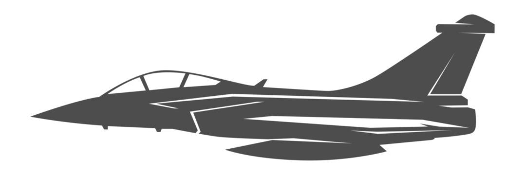 Silhouette dassault rafale military aircraft design from side view. Minimalist vector illustrations jet in black and white color from lateral. Monochrome drawing france modern combat aeroplane.