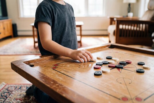Cropped shot of young boy playing traditional wooden carrom board game on floor at home