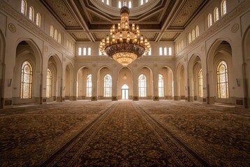 Obraz premium Grand rectangular interior of majestic mosque with golden chandelier and arches