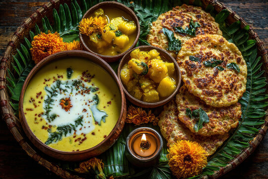 Overhead flat lay of a traditional Gudi Padwa festive meal
