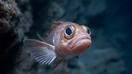 Fototapeta premium Close up portrait of a curious orange fish with large blue eyes swimming in the dark depths of the ocean