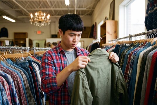 Young asian man inspecting an olive green jacket while shopping in a thrift store