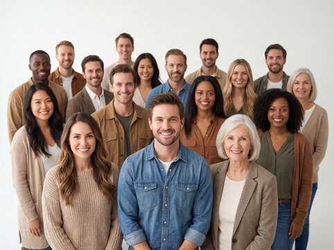 Large diverse group of happy people standing together and smiling at camera on white background