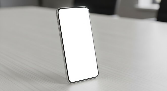白い画面のスマートフォンが木目調の白いテーブルに立てかけられているクローズアップ