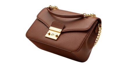 白い背景に置かれた金色のチェーンと金具が付いた茶色の革製ショルダーバッグ