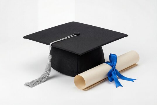 Black graduation cap with silver tassel and rolled diploma tied with blue ribbon isolated on white