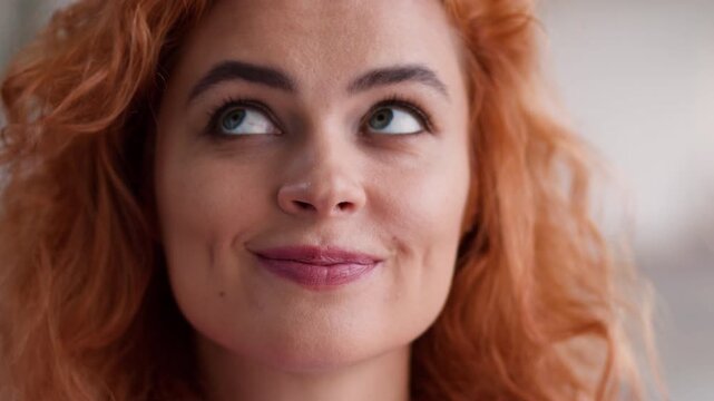 Close up pensive Caucasian woman indoors home female thinking thoughtful dream pondering idea solution decision making hesitant puzzled happy relaxed young girl contemplating looking answer apartment