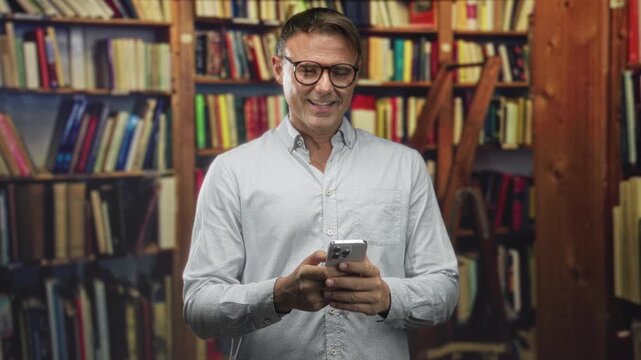 Man wearing glasses holding smartphone with both hands and looking at screen amid bookshelves and ladder in a library; thoughtful reflection.