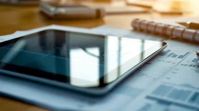 Digital tablet on architect desk with blueprints and tools showing modern planning workflow technology integration and professional design process