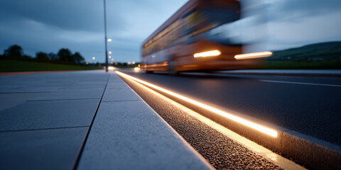 Obraz premium Blurred double-decker bus moving quickly on an urban road at dusk with illuminated curb lighting and cloudy sky background