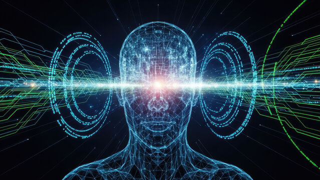 Digital Human Head with Glowing Brain and Energy Waves 1.