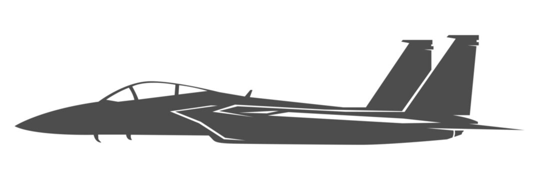 Silhouette F-15 military aircraft design from side view. Minimalist vector illustrations f15 fighter jet in black and white color from lateral. Monochrome drawing united states modern combat aeroplane