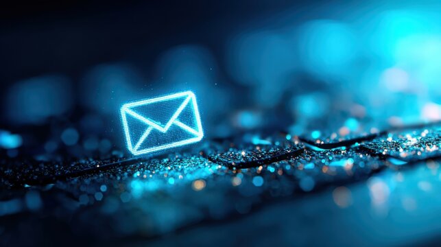 A glowing email icon appears above a blurred digital background, symbolizing communication and technology in a modern, high-tech setting.