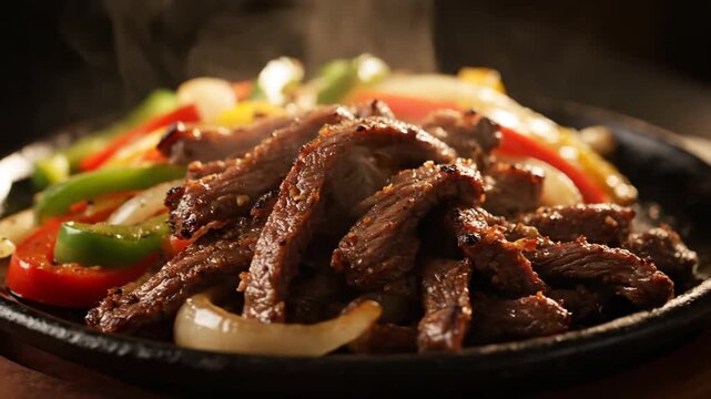 Sizzling beef fajitas with colorful sliced bell peppers and onions served steaming hot on a black cast iron skillet in a restaurant setting, close-up.