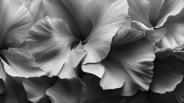 Elegant grayscale macro photograph showcasing intricate petal textures and dramatic shadows within blooming flower formations