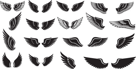 black wings badge set. Bird wings, angel wings elements. Aviation pilot patch badge. Heraldic vintage army insignia emblem falcon phoenix hawk. © CreatAr8