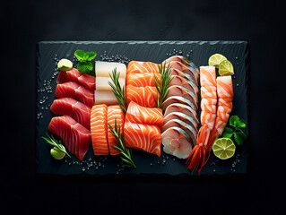 Assorted Sashimi on Dark Stone Slate with Lime and Wasabi