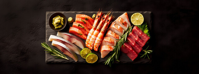 Assorted Sashimi on Dark Stone Slate with Lime and Wasabi
