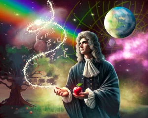 Isaac Newton as a most important person in science, is discovering the concept of Gravity, Light spectrum, mathematical principles. © Helen