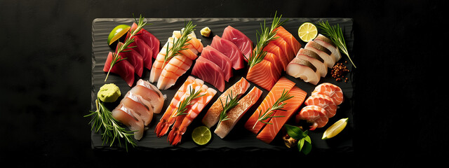 Assorted Sashimi on Dark Stone Slate with Lime and Wasabi