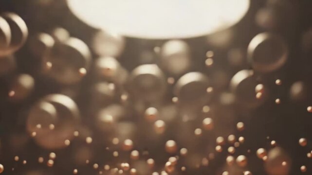 Many small glowing golden brown bubbles in liquid, rising from a conical shaped pile on a lighter brown surface with a dark background creating a sparkling abstract pattern