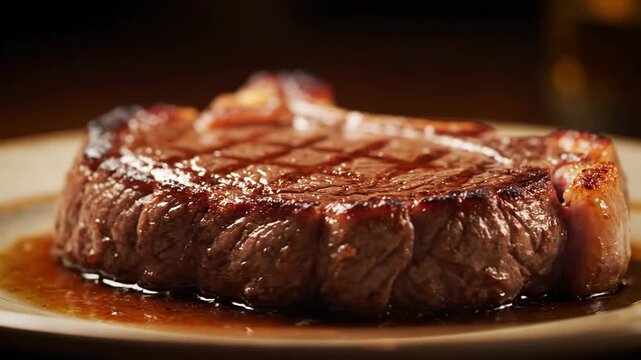 Close-up macro shot of a delicious sizzling grilled beef steak with perfect grill marks served on a plate with jus, highlighting the juicy texture and savory restaurant cuisine.