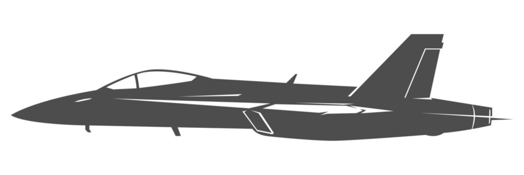 Silhouette F-18 military aircraft design from side view. Minimalist vector illustrations f18 fighter jet in black and white color from lateral. Monochrome drawing united states modern combat aeroplane