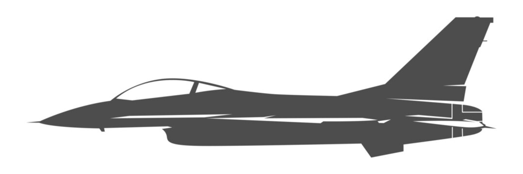 Silhouette F-16 military aircraft design from side view. Minimalist vector illustrations f16 fighter jet in black and white color from lateral. Monochrome drawing united states modern combat aeroplane