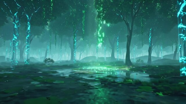 4K cinematic stock video surreal forest canopy. Trees transparent glass trunks connected by flowing liquid neon branches. Neon leaves fall slow motion, merging luminous streams flowing forest floor